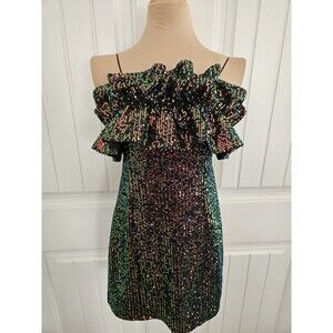 thirty thirty Sequin & Ruffle Mini Dress Iridescent Prom Club Concert Party L M